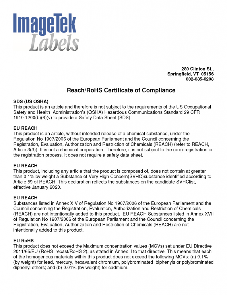 Reach Compliant Certificate